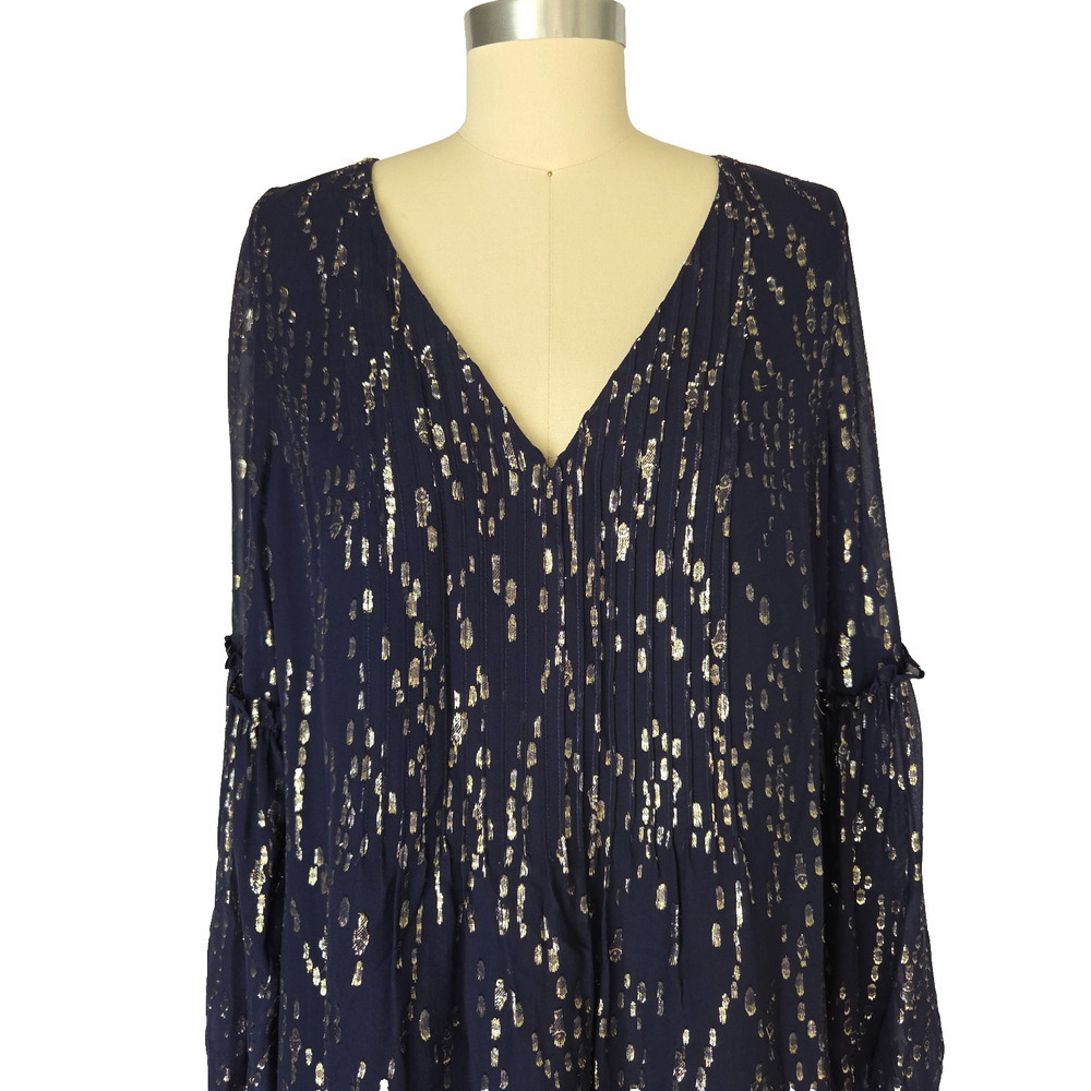 Lilly Pulitzer Cleme Long Sleeve Silk Dress Size 12 Navy Blue Metallic V Neck - Picture 3 of 10